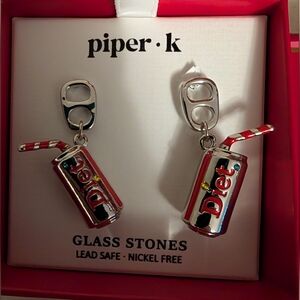 Piper K Silver Tone & Red Enamel Diet Coke & Straw Drop Earrings NIB